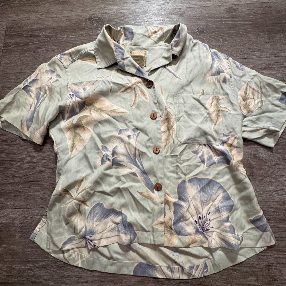 Kylani Bay Shirt Womens 8 Green Floral Silk Vacation Tropical Hawaiian Top 62950